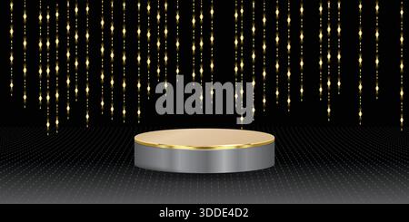 Abstract realistic 3D black cylinder pedestal podium golden curved oblique dark background. Luxury Dark Grey scene for product display presentation. V Stock Vector