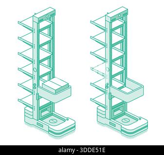 Isometric autonomous vertical warehouse robot ACR or CTU for storage and retrieval system. Smart warehouse automation and AI logistics. Stock Vector