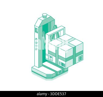 Isometric outline robotic forklift lifting cargo box. Automated warehouse and logistics concept. Vector illustration. Stock Vector