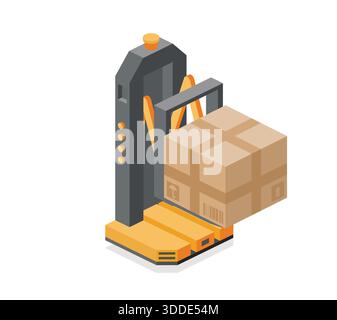 Isometric autonomous robot forklift lifting cardboard box. Automated warehouse logistics and smart industry concept. Vector illustration. Stock Vector