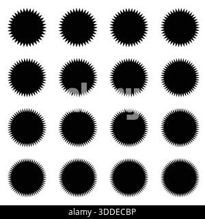 Illustrated set of abstract starburst shapes featuring multiple angular geometric designs. Bold black vector elements isolated on white suitable. Stock Vector