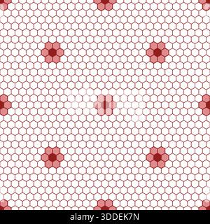 Honeycomb grid texture with flowers and geometric hive hexagonal-shaped honeycombs. Grid red white seamless pattern. Fashion tiles geometric design. Stock Vector