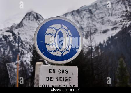 Chamonix-Mont-Blanc in the French Alps snow chain warning sign Stock Photo