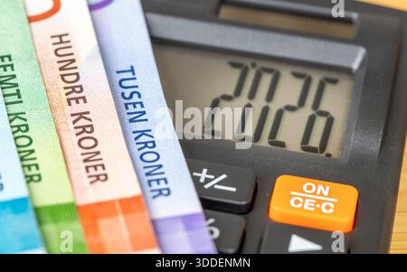 Norway money. 2026 economic forecasts for Norway. Calculator with the date 2026 and Norwegian krone. Business and financial concept. close up Stock Photo
