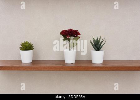 vases with artificial flowers displayed on a shelf Stock Photo