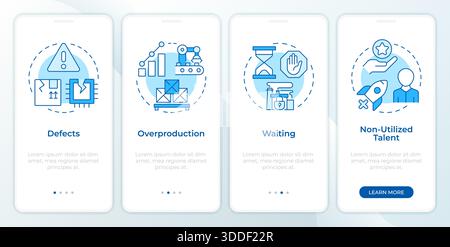 Waste in lean manufacturing blue onboarding mobile app screen Stock Vector