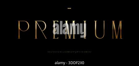 Premium golden font logo alphabet elegant serif typography, thin narrow condensed letters for premium product, beauty industry logo, luxury branding Stock Vector