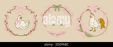 Cottagecore hen, chicken, rooster in floral frames. Vector cartoon illustration of cute farm birds with coquette pink bow, round border with flowers and heart sign, vintage Easter card decoration Stock Vector