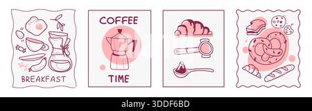 Cafe breakfast posters set on white background. Vector illustration of doodle coffee kettle and cup, fried egg with sausage, fresh croissant and pretzel in rectangular and wavy frames, retro menu Stock Vector