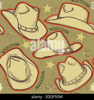 Cowboy western seamless pattern vector illustration with cowboy boots, cowboy hat, cactuses and cow kull decoration Stock Vector