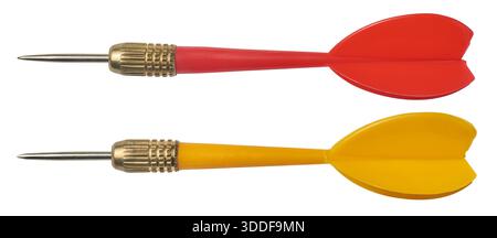red and yellow plastic darts isolated white background, textured gold-colored metal barrel and sharp steel tip, side view Stock Photo