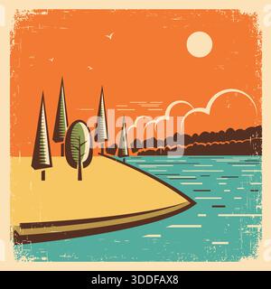 Nature landscape with sun, fields and trees vector abstract color illustration. Vector color posters of nature landscape Stock Vector