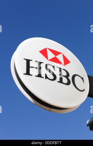 Villefranche, France - September 19, 2019: HSBC logo on a signboard. HSBC Holdings is a British multinational banking and financial services company Stock Photo