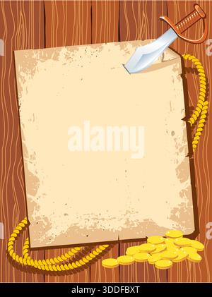 Old parchment with pirate map treasure and dagger- vector illustration with pirate map on wood texture Stock Vector