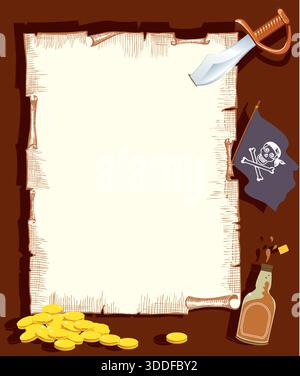 Old parchment with pirate map treasure and dagger- vector illustration with pirate map on wood texture Stock Vector