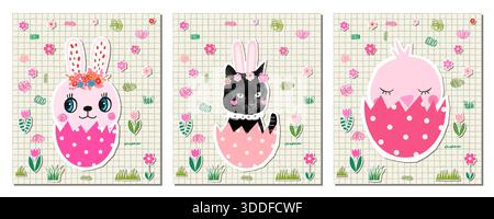 Cute vector set with black cat, bunny and chicken in Easter eggs, Funny animal illustration background Stock Vector