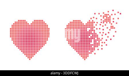 Red pixelated vector heart shapes, square pixel shaped mosaic hearts, dissolving, disintegrating or transforming concept Stock Vector