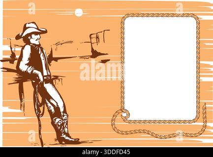 Vector illustration of a relaxed cowboy leaning on a wooden fence in a Wild West desert landscape at sunset, featuring a coiled lasso rope Stock Vector