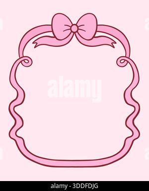 Cute pink vector frame with bow and ribbon in coquette style, girly wedding, birthday border graphic design element Stock Vector