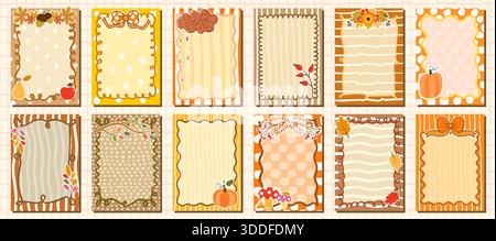 Cute Fall Vector Frames with Pumpkins, Apple, Flowers on Striped and Polka dot Backgrounds for Thanksgiving and Harvest Season Designs Stock Vector