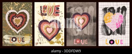 Vector greeting cards set with abstract hand painted boho hearts with half tone texture, text love and brush paint elements Stock Vector