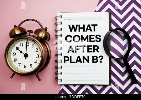 What Comes After Plan B? text written on notepad with alarm clock and magnifying glass Stock Photo