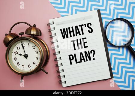 What's The Plan? text written on notepad with alarm clock and magnifying glass Stock Photo