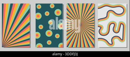 Retro Abstract Colorful Geometric Pattern Set Vibrant Rainbow Lines Circles Waves Sunburst Modern Poster Backgrounds Vintage Style Vector Illustration Stock Vector