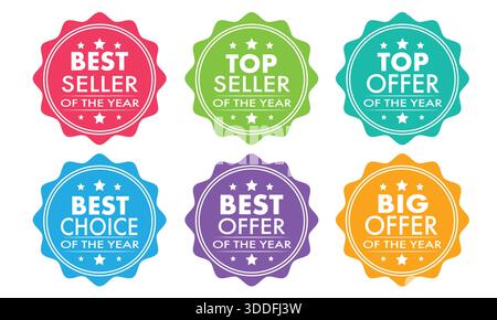 Best Seller and Top Offer Badge Collection Colorful Promotional Label Design Modern Sale Sticker Set Business Marketing Award Vector Illustration Stock Vector