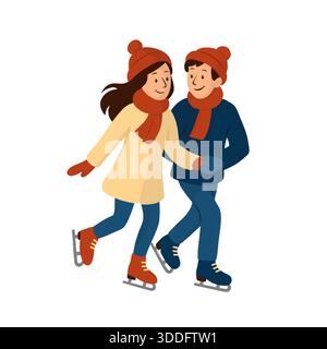A girl and a boy ice skating and holding hands. Flat vector illustration. Suitable for posters, postcards, skating rink advertisements, winter events Stock Vector