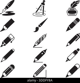 Artistic Stationery Writing and Drawing Tools Silhouette Icon Set Vector Design Stock Vector