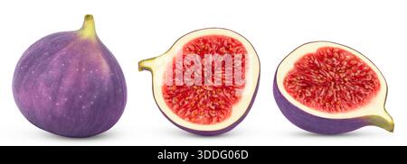 Figs isolated collections. Ripe purple fig, half and slice of fig fruit isolate on white background. Stock Photo