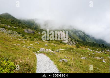A winding gravel path curves through a green mountain meadow scattered with rocks and shrubs, as low clouds and fog drift over the forested hills and rugged slopes. Stock Photo