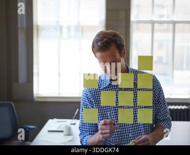 Scrum, glass and schedule with business man in office for project manager, market forecast and sticky note. Progress update, research and timeline Stock Photo