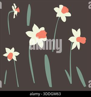 Set of daffodils with buds and leaves for banner postcards. Vector illustration Stock Vector
