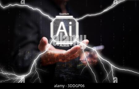 AI quantum processor chip. Man with smartphone holds chip glowing with electric lightning. Powerful processing power, improvement of cpu performance s Stock Photo