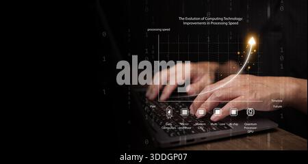 Closeup hands typing on laptop with graph showing evolution of computing technology, from early computer and cpu to quantum processor unit, symbolizin Stock Photo