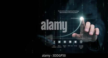 Man with smartphone draws graph of computing technology evolution. Exponential growth in processing speed from early computer and cpu to quantum proce Stock Photo