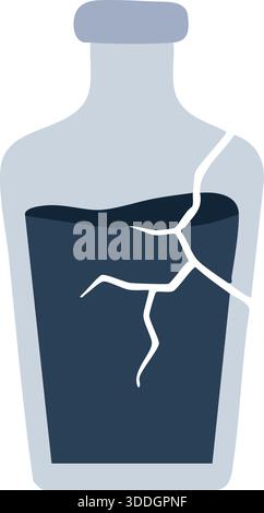 A tall glass bottle containing a dark fluid, depicted with visible cracks along the side. Stock Vector