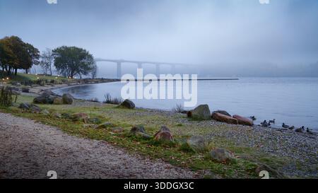 Vejle, Denmark - Vejlefjordbroen (bridge) across Vejlefjord in early morning fog, in Autumn / Fall Stock Photo