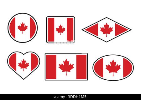 Collection of graphic Canadian flag icons showcasing the maple leaf symbol in circular, square, rhomboid, heart, rectangular, and oval shapes Stock Vector