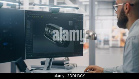 Engineers Analyzing Complex Engine Model on Monitor. Man and Woman Engineering Team Collaborating Over Large Monitor Displays Detailed 3D Model of Mechanical Part. Concept of Collaborative 3D Design. Stock Photo