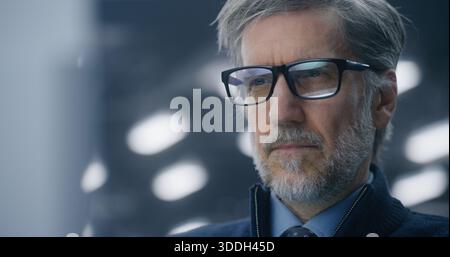 Close Up of Focused, Bespectacled Male Data Analyst Intently Checking Real Time Performance Metrics on Screen in Modern Tech Center. Concept of Data Expertise and System Reliability. Portrait. Stock Photo