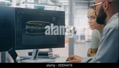 Engineers Analyzing Complex Engine Model on Monitor. Man and Woman Engineering Team Collaborating Over Large Monitor Displays Detailed 3D Model of Mechanical Part. Concept of Collaborative 3D Design. Stock Photo