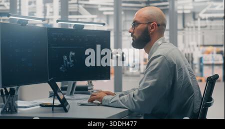 Bearded Male Engineer Programming or Developing Digital Twin, Deeply Focused on Dual Monitors Displaying Robot 3D Model on Background Modern Factory Floor. Concept of Design and Industry 4.0 Software. Stock Photo