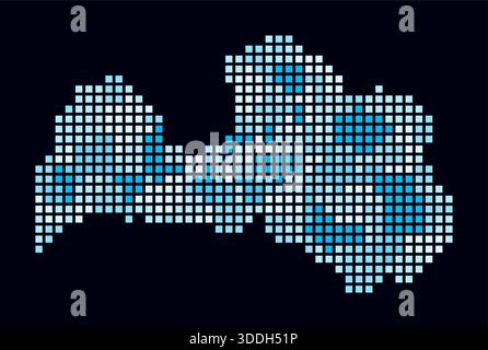Latvia dotted map. Digital style map of the country on a dark background. Latvia shape with square dots. Colored dots style. Large size squares. Stock Vector