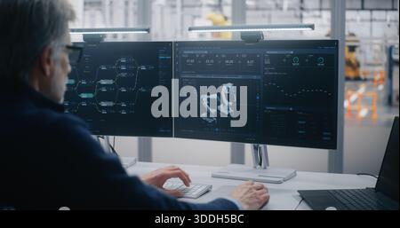 Innovative Workplace, Engineer Using Advanced Software For Robotics. Man Using Advanced Software Manage Robotics, Seated Innovative Dual Screen Workstation. Highlights RD and Technological Innovation. Stock Photo