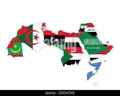 Arab World Map, Map of All Countries of Middle East and North Africa with Flags in Body Stock Vector