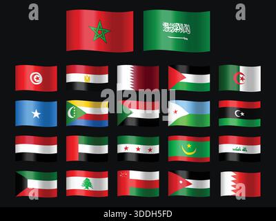 Arab World Flags Collection, Set of All Country Flags of Middle East and North Africa Stock Vector