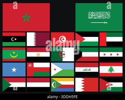 Arab World Flags Collection, Set of All Country Flags of Middle East and North Africa Stock Vector